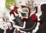  alternate_costume apt black_legwear breasts cleavage dress flower green_hair kazami_yuuka medium_breasts nail_polish pantyhose petals red_eyes rose short_hair smile solo touhou 