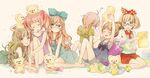  barefoot bird brown_hair chick dress flower glasses green_eyes hair_ribbon multiple_girls original red_hair ribbon sitting snuggle_(brand) snuggle_bear stuffed_animal stuffed_toy teddy_bear towel wogura 