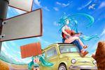  aqua_hair asymmetrical_clothes blush car chibi denim fiat_500 ground_vehicle guitar hachune_miku hatsune_miku highres hitchhiking instrument jeans long_hair mikupa motor_vehicle multiple_girls on_vehicle open_mouth pants sign single_pantsleg sitting tsukineko twintails very_long_hair vocaloid 