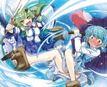  blue_hair blush detached_sleeves frog_hair_ornament full-face_blush geta gohei green_hair hair_ornament heterochromia karakasa_obake kochiya_sanae long_sleeves lowres multiple_girls open_mouth purple_umbrella shirt skirt skirt_set smile snake_hair_ornament takana_shinno tatara_kogasa touhou tsukumogami umbrella upskirt vest wide_sleeves yellow_eyes 