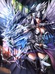  absurdres armor arrow black_eyes black_hair boots bow_(weapon) breasts cleavage feathers gauntlets hair_over_one_eye highres large_breasts lightning long_hair nguyen_uy_vu original solo thigh_boots thighhighs valkyrie weapon wings 