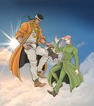  black_hair boston_terrier cloud dog floating highres iggy_(jojo) jojo_no_kimyou_na_bouken mohammed_avdol multiple_boys red_hair school_uniform sky sorenante_sunege terrier_(dog) 