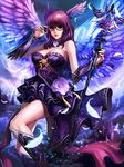  boots breasts choker cleavage feathers flower glasses large_breasts long_hair nguyen_uy_vu original red_eyes rose staff wings 