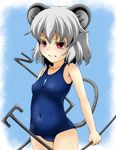  animal_ears blush covered_navel dowsing_rod eyebrows eyebrows_visible_through_hair fumi_(fumifumi-graffiti) grey_hair hair_between_eyes highres jewelry mouse_ears mouse_tail nazrin one-piece_swimsuit pendant red_eyes school_swimsuit short_hair skindentation solo swimsuit tail touhou 