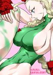  ahoge beret blonde_hair blue_eyes braid breasts cammy_white fingerless_gloves gloves green_leotard halterneck hat highres huge_ahoge huge_breasts leg_hug leotard long_hair scar sideboob sitting slender_waist solo street_fighter thighs thong_leotard toned twin_braids yuri_ai 