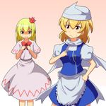  aki_minoriko aki_shizuha apron blonde_hair bow breast_conscious capelet cato_(monocatienus) cosplay dress gradient gradient_background hair_ornament hands_on_own_chest hat leaf_hair_ornament letty_whiterock letty_whiterock_(cosplay) lily_white lily_white_(cosplay) multiple_girls open_mouth pink_dress red_eyes shaded_face shirt shirt_tug short_sleeves siblings sisters skirt skirt_set sweatdrop touhou triangular_headpiece waist_apron yellow_eyes 