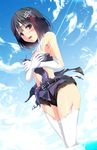  black_hair blush covering covering_breasts gloves haguro_(kantai_collection) hair_ornament hair_ribbon kantai_collection orange_eyes ribbon short_hair solo thighhighs torn_clothes windfeathers 