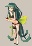  absurdly_long_hair bare_shoulders bikini black_bikini bow breasts cleavage frilled_bikini frills full_body gatchaman_crowds green_eyes green_hair hair_bow high_heels katahira_masashi large_bow leg_garter legs long_hair long_legs low-tied_long_hair navel shiny shiny_skin small_breasts solo strap_gap swimsuit thighs utsutsu very_long_hair 