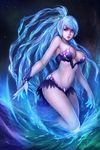  armor bikini_armor blue_eyes blue_hair breasts cleavage highres large_breasts long_hair midriff navel nguyen_uy_vu original solo water 
