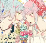  2girls :o alternate_hairstyle aqua_hair bang_dream! braid cherry cookie food forehead-to-forehead french_braid fruit green_eyes hair_bun hair_ornament hairclip hand_on_another&#039;s_face heart heart_necklace highres hikawa_hina ice_cream ice_cream_cone jewelry looking_at_another maruyama_aya multiple_girls necklace open_mouth pendant pink_eyes pink_hair ponytail red_bandana smile star star_necklace triple_scoop twitter_username upper_body whipped_cream yuki_(t128) yuri 