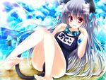  :d animal_ears barefoot cat_ears cat_tail fang goggles grey_hair hair_ribbon highres long_hair name_tag one-piece_swimsuit ooji_cha open_mouth original oziko_(ooji_cha) paw_pose purple_eyes ribbon school_swimsuit smile solo swimsuit tail 