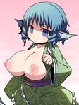  animal_ears blue_eyes blue_hair blush breasts breasts_outside hakika head_fins japanese_clothes large_breasts long_sleeves mermaid monster_girl nipples obi open_clothes pink_background puffy_nipples sash short_hair simple_background solo touhou wakasagihime 