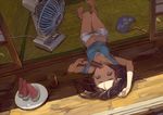  barefoot blue_eyes breasts brown_hair cleavage cup electric_fan fan food fruit hot light long_hair looking_at_viewer lying medium_breasts midriff navel on_back open_mouth original paper_fan plate popsicle shade short_hair shorts solo suzuno_(bookshelf) sweat tatami uchiwa unbuttoned unzipped upside-down veranda watermelon 
