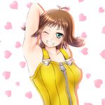  aqua_eyes arm_up armpits bare_shoulders brown_hair collarbone final_fantasy final_fantasy_viii grin heart kingcat0404 looking_at_viewer one_eye_closed selphie_tilmitt smile solo teeth zipper 