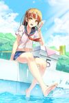  :d barefoot bottle bottle_to_cheek bra broom brown_hair chain-link_fence cleaning_brush cloud day feet fence fukukitaru highres legs light_rays midriff navel open_mouth original outdoors pool poolside school_uniform see-through serafuku sitting skirt sky smile soaking_feet soles solo splashing starting_block sunbeam sunlight toes towel tree underwear water water_bottle wet wet_clothes yellow_eyes 