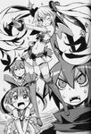  1boy 3girls blush boots disgaea disgaea_d2 etna flonne laharl long_hair multiple_girls nippon_ichi sicily_(disgaea) skirt thigh_boots thighhighs twintails wings wink 