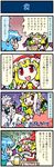  4koma armpits artist_self-insert ascot blonde_hair blue_hair boots borrowed_design braid chopsticks closed_eyes comic eating fangs flandre_scarlet food hat hat_ribbon heart highres izayoi_sakuya maid maid_headdress mizuki_hitoshi mob_cap multiple_girls open_mouth plate real_life_insert red_eyes ribbon shirt silver_hair skirt smile sweat tatara_kogasa thigh_boots thighhighs touhou translated tsukumogami twin_braids white_legwear wings wrestling_outfit 