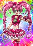  blue_eyes bow braid brooch choker colorful cure_melody frills hair_ribbon hairband hanzou houjou_hibiki jewelry long_hair magical_girl midriff miracle_belltier musical_note navel pink_bow pink_choker pink_hair pink_legwear precure rainbow_background ribbon skirt smile solo sparkle staff_(music) suite_precure thighhighs twintails wand wrist_cuffs zettai_ryouiki 