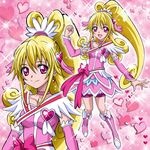  aida_mana arm_warmers bike_shorts blonde_hair boots bow choker cure_heart curly_hair dokidoki!_precure full_body hair_ornament half_updo hanzou heart heart_background heart_hair_ornament knee_boots long_hair magical_girl pink_background pink_bow pink_eyes pink_footwear pink_skirt pink_sleeves ponytail precure ribbon shorts shorts_under_skirt skirt smile solo sparkle 