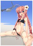  ahoge aircraft barefoot bikini black_bikini blush braid flower frilled_bikini frills hair_flower hair_ornament hibiscus long_hair lyrical_nanoha mahou_shoujo_lyrical_nanoha mahou_shoujo_lyrical_nanoha_a's navel open_mouth petag2 red_hair sitting skull solo swimsuit teeth tiltrotor twin_braids v-22_osprey vita wristband 