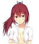  bad_id bad_pixiv_id blush breasts chamu_(tdjcham) cleavage free! long_hair looking_at_viewer matsuoka_gou medium_breasts open_clothes open_shirt red_eyes red_hair shirt simple_background solo white_background white_shirt 