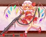  ascot blonde_hair blush bullet crystal em_s flandre_scarlet gun hat highres long_hair machine_gun mg42 open_mouth red_eyes ribbon short_hair short_sleeves side_ponytail smile solo touhou vest weapon wings 