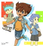  blue_hair blush_stickers brown_hair casual headband hood hoodie inazuma_eleven_(series) inazuma_eleven_go kageyama_hikaru male_focus matsukaze_tenma mizuhara_aki multiple_boys nishizono_shinsuke open_mouth watch wristwatch 