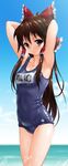  absurdres armpits arms_behind_head arms_up bow breasts brown_eyes brown_hair byeontae_jagga cleavage cloud covered_navel day hair_bow hair_tubes hakurei_reimu highres horizon lips long_hair name_tag ocean one-piece_swimsuit revision ribbon school_swimsuit shiny shiny_clothes skindentation sky small_breasts smile solo swimsuit touhou wet wet_clothes 
