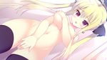  :o ahoge black_legwear blonde_hair blush breasts covering covering_breasts covering_crotch dutch_angle from_below game_cg hair_ornament hands_on_hips highres kamijou_raika large_breasts long_hair navel nude open_mouth parted_lips purple_eyes shadow shiratama_(shiratamaco) solo thighhighs twintails very_long_hair zutto_sukishite_takusan_sukishite 