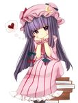  a-iueo arm_support book_stack crescent dress hair_ribbon hat heart highres long_hair looking_at_viewer patchouli_knowledge pile_of_books pink_dress purple_eyes purple_hair ribbon simple_background sitting sitting_on_object solo spoken_heart striped striped_dress touhou tress_ribbon very_long_hair white_background wrist_cuffs 