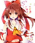  brown_hair detached_sleeves hair_ribbon hair_tubes hakurei_reimu japanese_clothes navel open_mouth potesara red_eyes ribbon solo touhou 