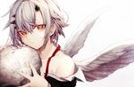  angel_wings bad_id bad_pixiv_id bare_shoulders collarbone holding horns looking_at_viewer orange_eyes original ribbon shirotaka_(5choume) short_hair simple_background skull solo symbol-shaped_pupils white_background white_hair wings 