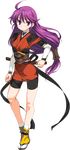  bike_shorts breasts full_body japanese_clothes kentou_kanami long_hair ninja obi purple_eyes purple_hair rance_(series) rance_01 sash shunin small_breasts solo tabi tantou transparent_background very_long_hair 