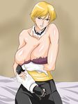  angry blonde_hair bow bowtie bra breasts highres king_(snk) king_of_fighters large_breasts mud_crab nipples ryuuko_no_ken snk sweat torn_clothes underwear very_short_hair 