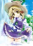  animal_print blonde_hair blue_sky cloud day eyebrows frog_print hair_ribbon hat long_sleeves looking_at_viewer moriya_suwako ribbon shirt skirt skirt_lift skirt_set sky smile solo takana_shinno thighhighs touhou turtleneck vest water waterfall white_legwear wide_sleeves yellow_eyes zettai_ryouiki 