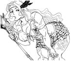  abs amazon_(dragon's_crown) bb_(baalbuddy) bent_over breasts bubble_blowing chewing_gum circlet crest dragon's_crown feathers greyscale hair_feathers halberd long_hair medium_breasts midriff monochrome no_bra polearm school_uniform shirt sketch solo tattoo thick_thighs thighs tied_shirt underboob weapon 