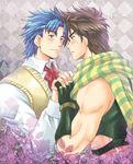  blue_eyes blue_hair brown_hair fingerless_gloves gloves grandfather_and_grandson interlocked_fingers jojo_no_kimyou_na_bouken jonathan_joestar joseph_joestar_(young) kumip multiple_boys scarf sweater_vest time_paradox 