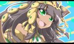 1girl :3 :d animal_ears bastet_(p&amp;d) brown_hair dark_skin egyptian fang gem gems green_eyes happy jewelry jewels long_hair lots_of_jewelry open_mouth puzzle_&amp;_dragons smile 