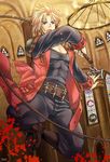  blonde_hair blood blood_splatter blue_eyes boots castlevania castlevania:_portrait_of_ruin jonathan_morris kumip male_focus solo whip 