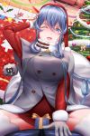  1girl bag blue_eyes blue_hair blush box breasts christmas christmas_ornaments christmas_tree commentary_request dress gift gift_box gloves gotland_(kantai_collection) hat highres kantai_collection large_breasts long_hair looking_at_viewer mole mole_under_eye one_eye_closed red_dress sabakuomoto santa_costume santa_hat sheep short_dress sleeveless_coat solo straddling thighhighs white_gloves white_legwear 