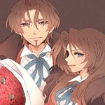  1girl blue_eyes bouquet brown_hair dual_persona facial_hair fate/zero fate_(series) flower genderswap genderswap_(mtf) goatee long_hair toosaka_tokiomi tsumi_guilty 