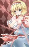  alice_margatroid blonde_hair blush capelet checkered checkered_background dress green_eyes hairband lolita_hairband open_mouth puppet_strings ribbon sash short_hair short_sleeves solo tamichan touhou 
