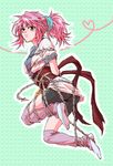  bad_id bad_pixiv_id bike_shorts blush bound bound_arms chuugaeri green_background hair_ornament hair_scrunchie heart heart_of_string hunter_x_hunter machi_(hunter_x_hunter) pink_hair ponytail scrunchie shibari shibari_over_clothes simple_background solo 