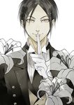  bad_id bad_pixiv_id black_hair finger_to_mouth formal gashima411 gloves kuroshitsuji male_focus red_eyes sebastian_michaelis smile solo suit 