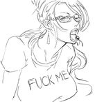  bayonetta bayonetta_(character) bb_(baalbuddy) breasts candy clothes_writing covered_nipples earrings english food fuck-me_shirt glasses greyscale jewelry large_breasts lips lollipop long_hair meme_attire monochrome one_eye_closed profanity semi-rimless_eyewear shirt sketch solo t-shirt tongue tongue_out under-rim_eyewear 