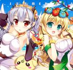  2girls aqua_eyes armpits blonde_hair blue_eyes blush blush_stickers bracelet braid breasts cherry cleavage covered_nipples drink elbow_gloves erect_nipples flower flower_wreath food freyja_(p&amp;d) fruit fujima_takuya gloves jewelry long_hair looking_at_viewer lots_of_jewelry multiple_girls open_mouth orange pineapple pixiv_thumbnail pointy_ears puzzle_&amp;_dragons red_eyes shynee silver_hair smile tiara twin_braids valkyrie_(p&amp;d) wavy_mouth 
