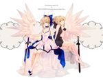  ahoge angel_wings arm_garter arm_support artist_name artoria_pendragon_(all) bangs bare_legs bare_shoulders barefoot black_swimsuit blonde_hair bow braid character_name choker collarbone dark_excalibur dress dual_persona excalibur fate/hollow_ataraxia fate/stay_night fate/unlimited_codes fate_(series) green_eyes hachini hair_bow hair_bun knees_touching large_bow long_hair looking_at_viewer multiple_girls one-piece_swimsuit ponytail saber saber_alter saber_lily simple_background sitting sleeveless sleeveless_dress swimsuit sword weapon white_background white_dress wings yellow_eyes 