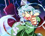  blush_stickers ghost_tail green_hair hat highres lightning one_eye_closed pointing pointing_at_viewer shokkin soga_no_tojiko solo tokin_hat touhou white_hair 