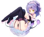  black_gloves black_legwear black_panties blush boots breasts chandelure covering covering_breasts elbow_gloves garter_straps gen_5_pokemon gloves hair_ornament hairclip homura_subaru large_breasts panties personification pokemon purple_hair simple_background smile solo thigh_boots thighhighs underwear white_background yellow_eyes 