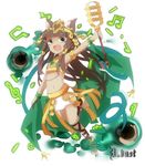  1girl animal_ears anklet bastet_(p&amp;d) bracelet brown_hair dark_skin fang green_eyes jewelry long_hair lots_of_jewelry midriff music open_mouth puzzle_&amp;_dragons very_long_hair 